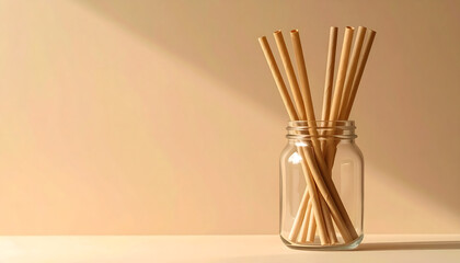 Fototapeta premium Eco friendly biodegradable paper straws in glass jar on beige background with natural light and copy space