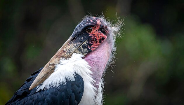 Close-up of a Marabou stork with a long beak, red head, and white plumage against a blurred green background