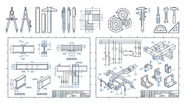 Engineering Blueprints: Technical Drawings, Tools, and Mechanical Parts