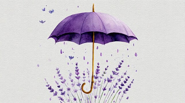 A purple umbrella shelters blooming lavender with butterflies flying around, blending protection and nature in a whimsical illustration.
