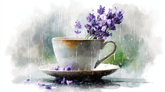 A watercolor-style image of a rustic cup filled with vibrant lavender flowers, set against a soft, rainy window background.