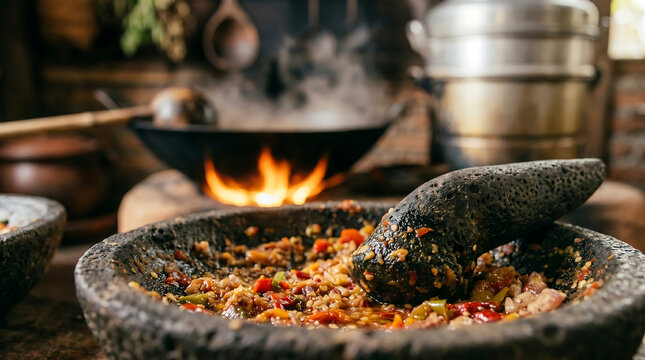 Traditional Sambal Chili Paste in Stone Mortar with Fire Background