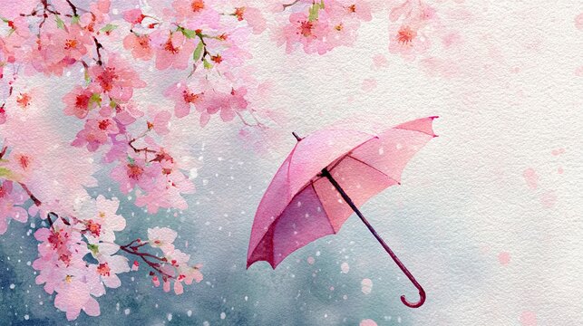 Pink cherry blossoms bloom beside a falling pink umbrella in a soft, pastel watercolor scene with a gentle rain effect.