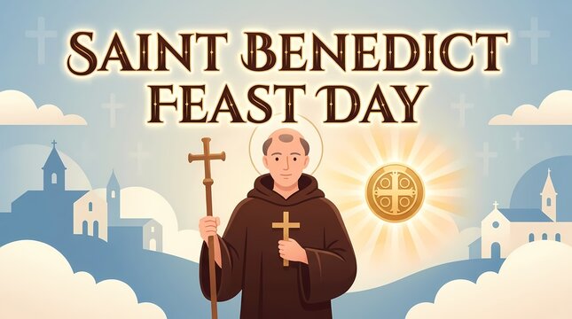 Saint benedict feast day banner with monk illustration, cross, and holy medal on sky background