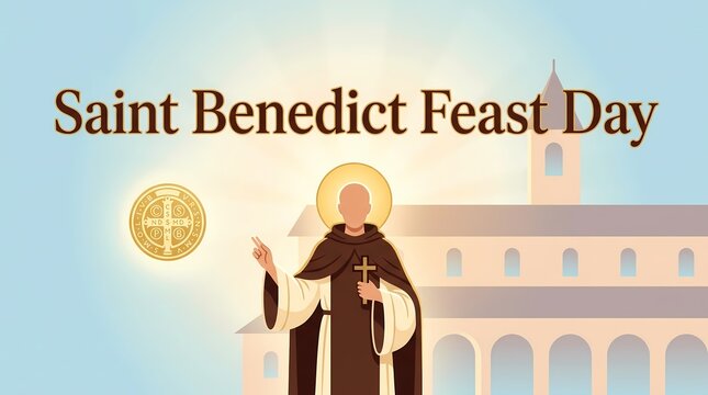 Saint benedict feast day illustration with monk and medal