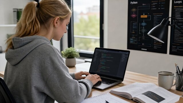 Generative AI, Blonde Female Developer Coding Python on Laptop at Home Office
