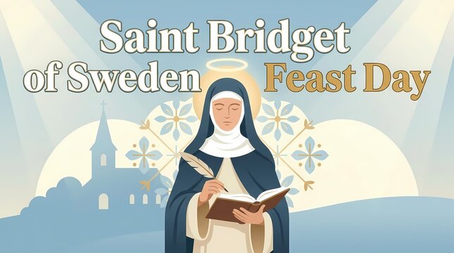 Saint bridget of sweden feast day illustration with nun writing in a book