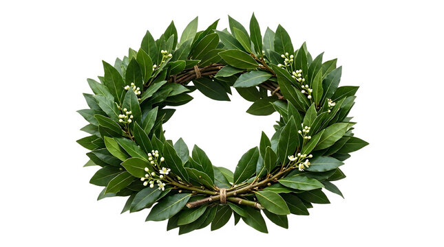 Laurel wreath made of fresh bay leaves and small white flowers isolated on transparent background