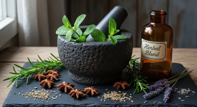 Stone mortar filled with fresh mint and surrounding herbs and spices, with an amber glass bottle of herbal blend nearby
