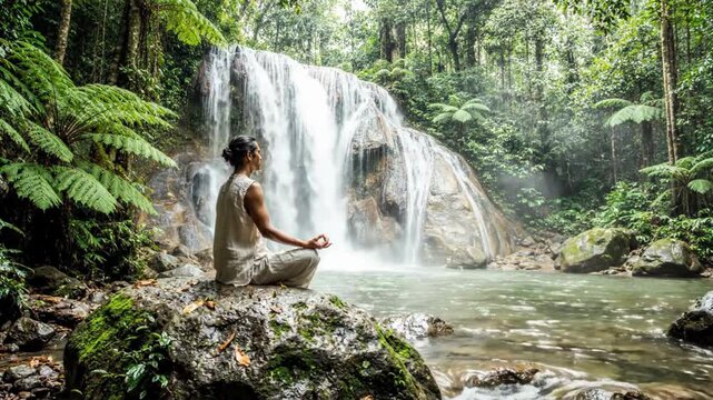 Ultra realistic cinematic footage of a person meditating peacefully on a rock beside a majestic waterfall