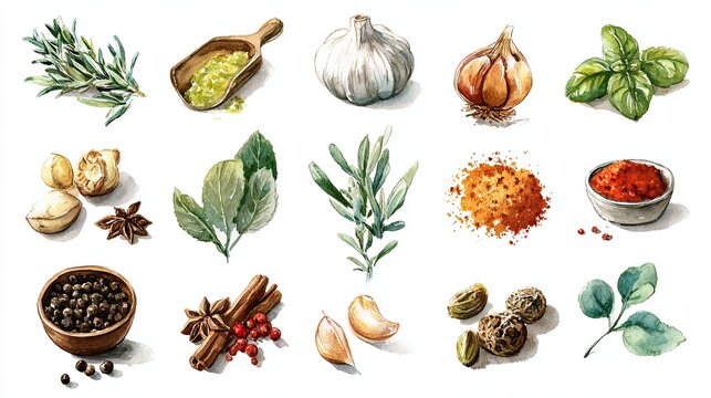 Various hand-drawn herbs, spices, and seasonings arranged in a neat layout on a white background.