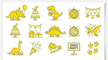 Dinosaur Party Icons: Birthday Celebration Elements, Yellow Line Art © ijo