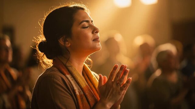 Peaceful woman praying with closed eyes in a warmly lit spiritual gathering or meditation session