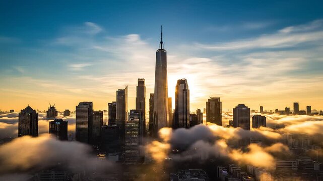 A breathtaking golden sunrise over a modern city skyline, with illuminated skyscrapers piercing through a thick blanket of low clouds.