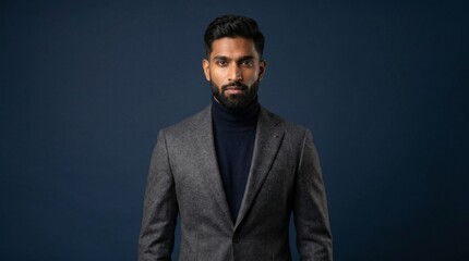 Obraz premium Man in gray suit standing against dark background