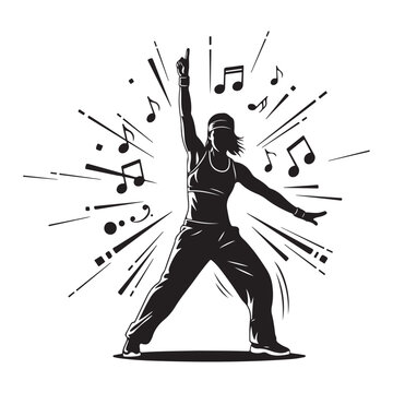 Female dancer silhouette vector with musical notes and dynamic motion lines for fitness and workout branding