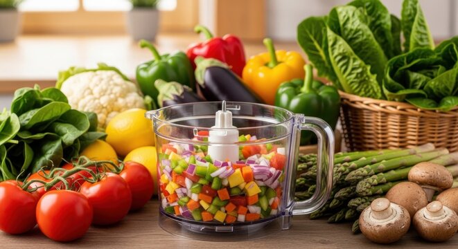 Freshly Chopped Vegetables in a Kitchen Chopper with Assorted Produce.