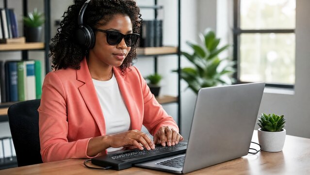Generative AI, Blind Black Woman Using Braille Keyboard and Laptop with Headphones