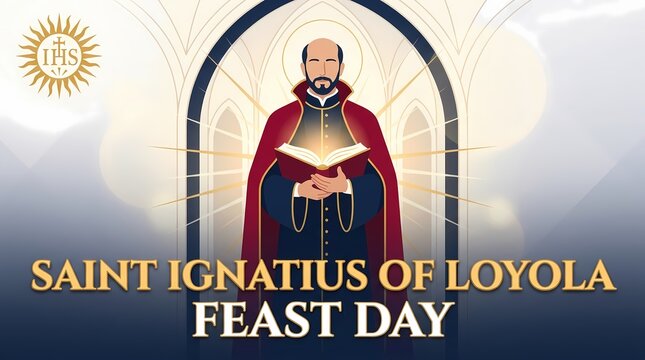 Saint ignatius of loyola feast day illustration with jesuit emblem and glowing book