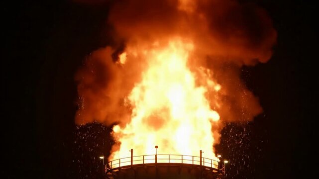 Industrial gas flare burning at night: massive flame stack and natural gas combustion for oil and energy industry projects
