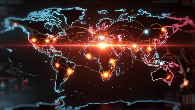 Global digital network connection world map illustrating international data transfer and communication