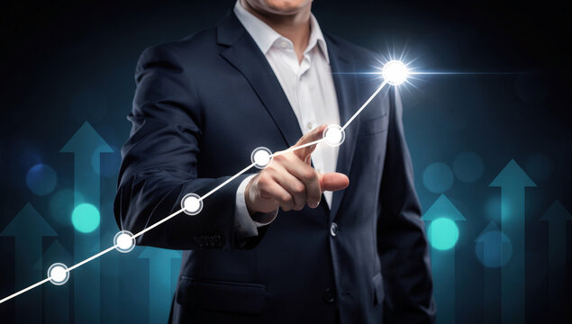Businessman touching upward trending graph on digital interface showing business growth and success