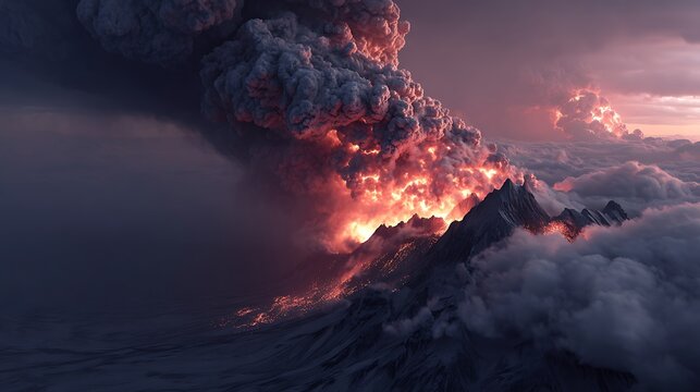 Volcanic eruption at night with glowing lava and ash cloud