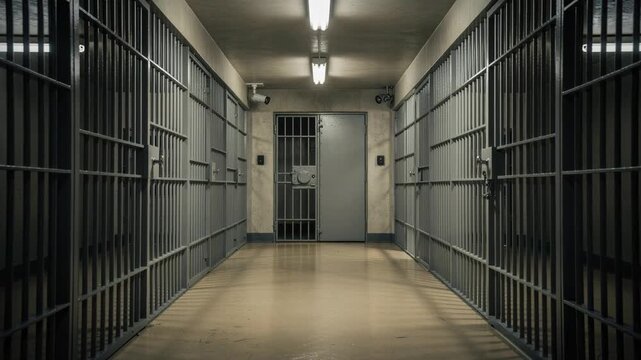 Empty prison hallway with metal bars and cells lit by fluorescent lights in correctional facility