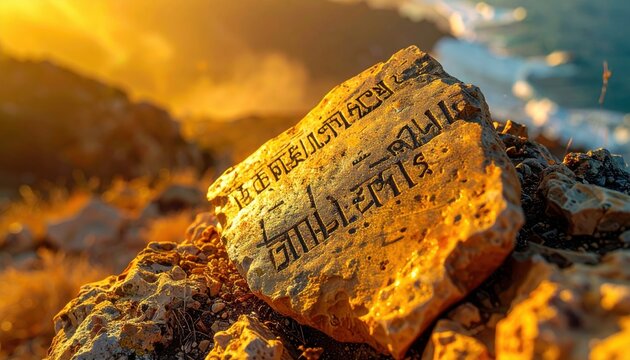 Ancient Phoenician script inscribed on a sun-baked pottery shard fragment discovered outdoors