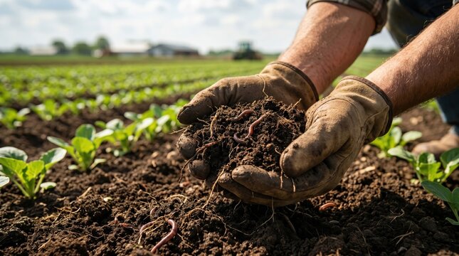 Farmer hands holding rich organic soil with earthworms in agricultural field, sustainable farming practice, healthy ground ecosystem for crop growth