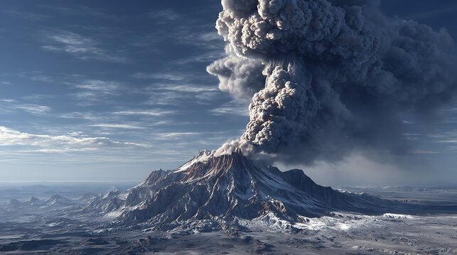Volcanic eruption with lava flow and ash cloud at night