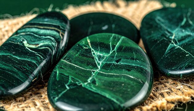 Collection of polished dark green serpentinite gemstones with lighter veining displayed on a textured surface
