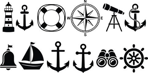 Set of nautical black icons featuring anchors lighthouse boat and compass. © Mst Insanara Begum