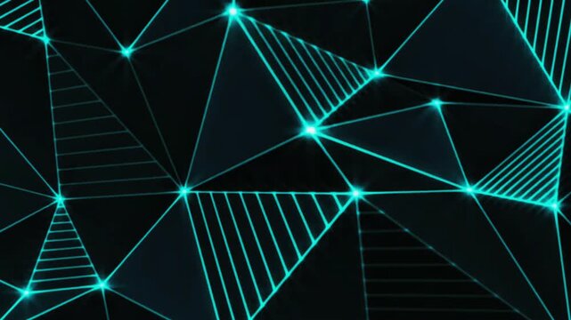 Futuristic cyan neon network grid lines and geometric triangle patterns abstract loop background with flashing light.