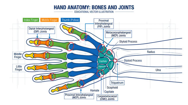 Hand Anatomy: Bones and Joints Educational Vector Illustration