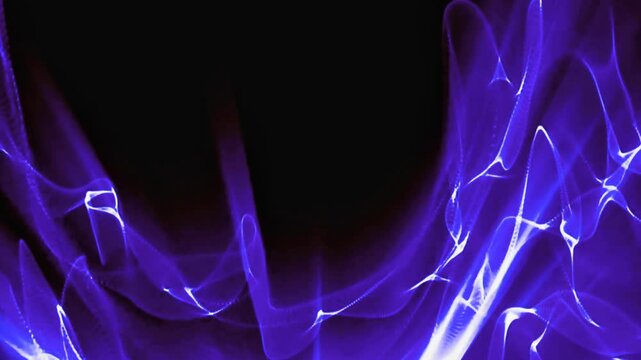 Abstract motion of neon blue and purple electric particle audio waves forming sinusoidal lines flowing on a black background.