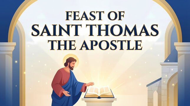 Feast of saint thomas the apostle religious holiday banner with illustration of the saint reading the holy bible