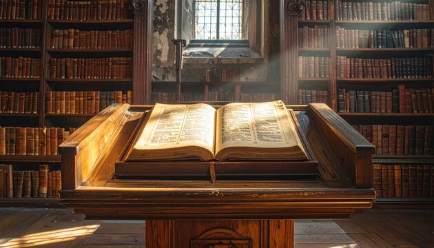 A weathered ancient parchment codex with illuminated Latin script open on an ornate wooden lectern in a sunlit library setting