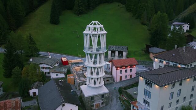 Tor Alva, 3D printed tower and architectural marvel in Mulegns, Switzerland. Aerial drone view
