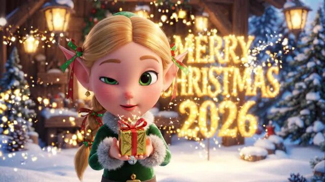 Merry Christmas 2026 Elf Girl Smiling.