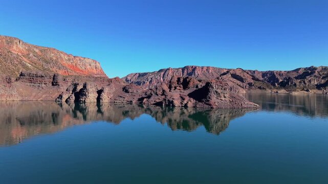Aerial Drone Pan of Atuel Canyon and Valle Grande Reservoir San Rafael Mendoza Argentina