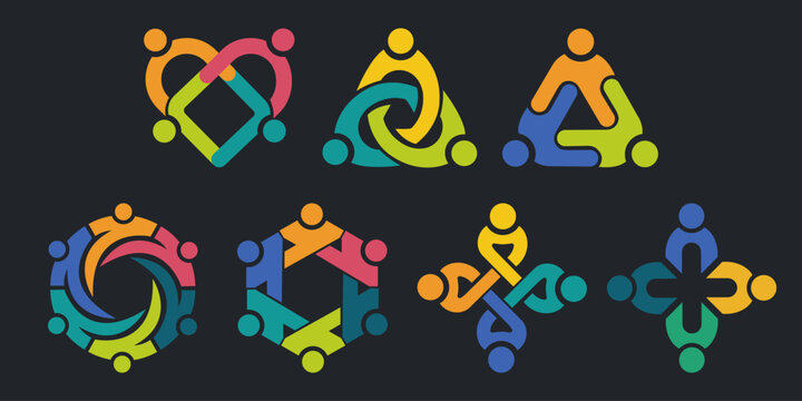 Community vector teamwork logo icon set featuring stylized colorful human figures in diverse unity shapes