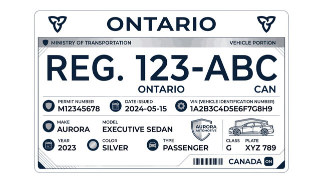 Ontario Canada License Plate Registration Document - Vehicle Identification