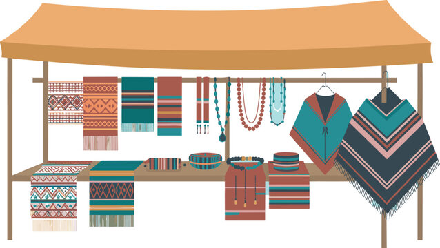 
Traditional Handmade Textile Market Stall with Ethnic Woven Blankets, Scarves, Ponchos, and Jewelry for Cultural Craft Fair Designs