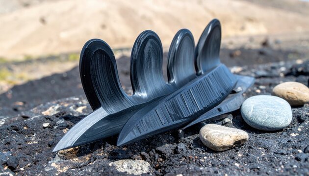 Precisely shaped obsidian blades with sharp edges resting on dark volcanic rock, showcasing ancient craftsmanship.