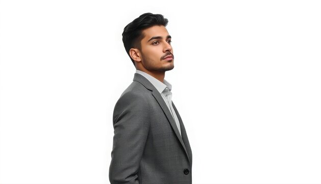 Portrait of young man in stylish patterned grey blazer standing against white background looking away with portrait clothing handsome background isolated grooming gentleman lifestyle