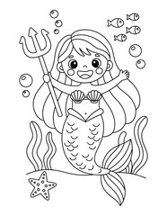 Fototapeta premium Mermaid adorable underwater princess holding a royal trident among ocean friends coloring page for children
