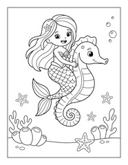 Mermaid charming underwater princess hugging a friendly seahorse in a magical coloring page scene © Crafter
