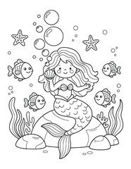 Obraz premium Mermaid cheerful ocean princess sitting on a coral rock with friendly fish coloring page for kids