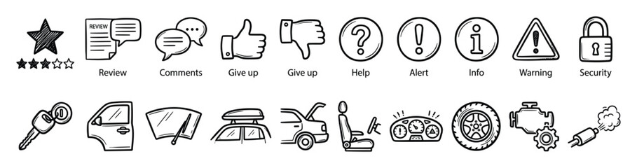 Fototapeta premium Hand drawn icon set. Doodle sketch interface, feedback, reviews, warnings, automotive parts symbols. UI, car, ratings, alerts, help, security vector.